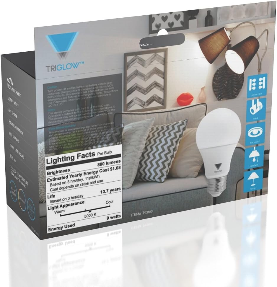 Triglow LED Light Bulbs, 60 Watt Equivalent (9 Watt) A19 LED Bulb, Color Daylight (5000K) 800 Lumen, Non-Dimmable, 3-Pack