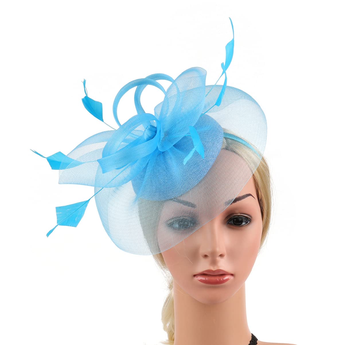 minkissy 4pezzi Fascinator Rete Fiore e Piume Copricapo Elegante per Matrimoni e Tea Party Accessorio Femminile per Cerimonie e Feste Lago