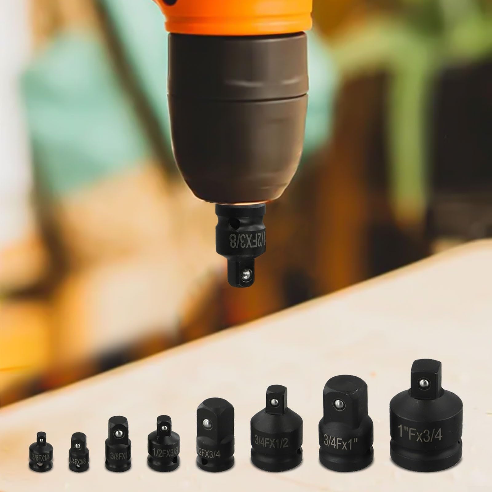 Juego de 8 adaptadores reductores resistentes para taladro eléctrico, llave de carraca, reparación de cochera, color negro