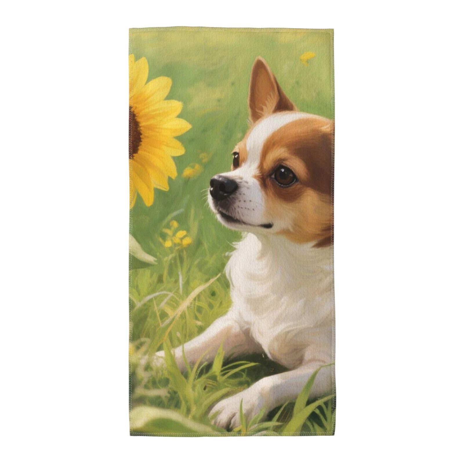 FekiLoot Absorbent Hand Towels 12"X24" Decorative Bathroom Towel Soft Microfiber Face Towel Chihuahua Dog Sunflowers Dish Kitchen Towels for Bathroom Kitchen Hotel Spa Bath Towels