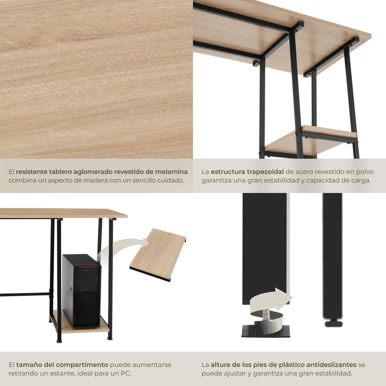 tectake® Mesa Escritorio con 2 Estantes Integrados, Pies Ajustables, Moderno Escritorio para Ordenador, Mesa Oficina, Fácil Montaje - 120 x 50 x 73,5 cm Madera Industrial Clara, Roble Sonoma