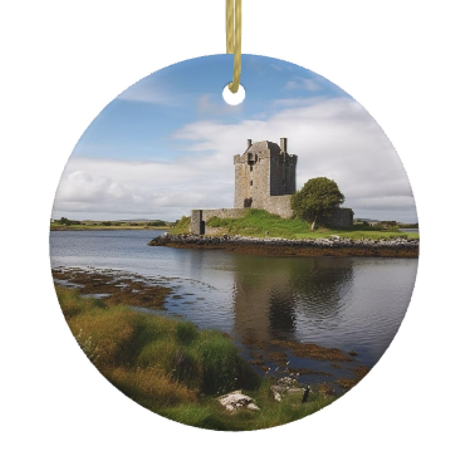 Ceramic Christmas Tree Hanging Ornaments with Gold Ropes Christmas Tree Decorations Round Ceramic View of The Dunguaire Castle Pendant Keepsake Decorations for Holiday Xmas Gift Ideas