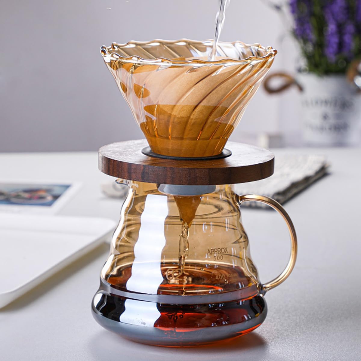 Pour Over Coffee Maker Set, 500ML Glass Carafe Coffee Server with Dripper Set, V60 Glass Coffee Filter with Wood Base for Home Office Gift, 1-4 Cups