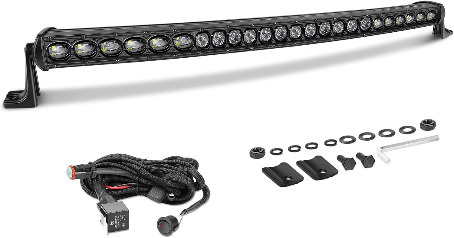 30 Inch Curved Light Bar 168W Slim Single Row LED Light Kit w/Wiring Harness Spot Flood Combo Offroad Driving Lights Curve LED Bar for Trucks Pickup SUV UTV RZR Chevy GMC F250 White 30 Inch Curved