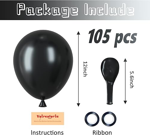 Miniatura 2 de 105 globos negros de látex de 12 pulgadas para fiesta de cumpleaños, graduación, baby shower, aniversario, Año Nuevo, decoración de fiesta