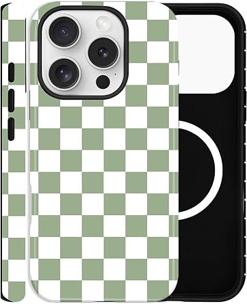 Checkered Phone Case for iPhone 15 Pro Max, Compatible with MagSafe, Aesthetic Checkerboard Cute Magnetic Design Hybrid 2-Layer Hard Shell Cover for Women, Light Green