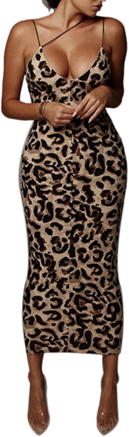 LSFYSZD Women Summer Bodycon Long Dress Sexy Sleeveless V-Neck Leopard Snake Print Slim Fit Suspender Maxi Dress for Club Party Cocktail
