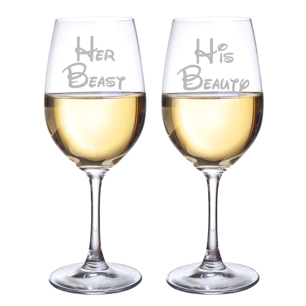 Her Beast and His Beauty Wine Glasses, Set of 2