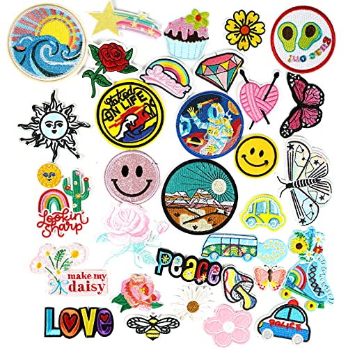 32 piezas de calcomanías de planchado Hippie Retro Parches Artesanía Mochilas, Ropa DIY Decoraciones Cover