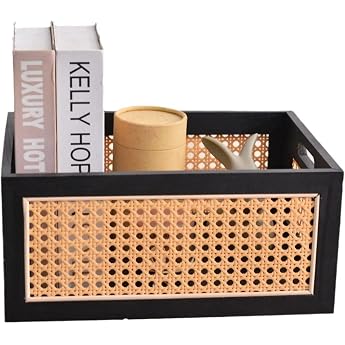 Bamboo Rectangular Storage Basket Black Wood Weave Storage Basket with Handle Desktop Storage Bins for Home Office Cabinet Shelf L