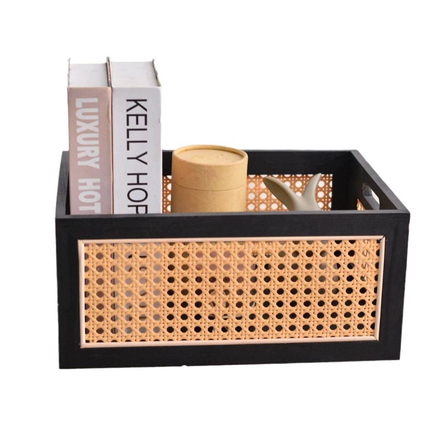 Cesta rectangular de almacenamiento, almacenamiento de tejido de madera cestas tejidas con mango | Cesta de almacenamiento de tejido con asa, organizador de escritorio, para casa, oficina, armario, estantería