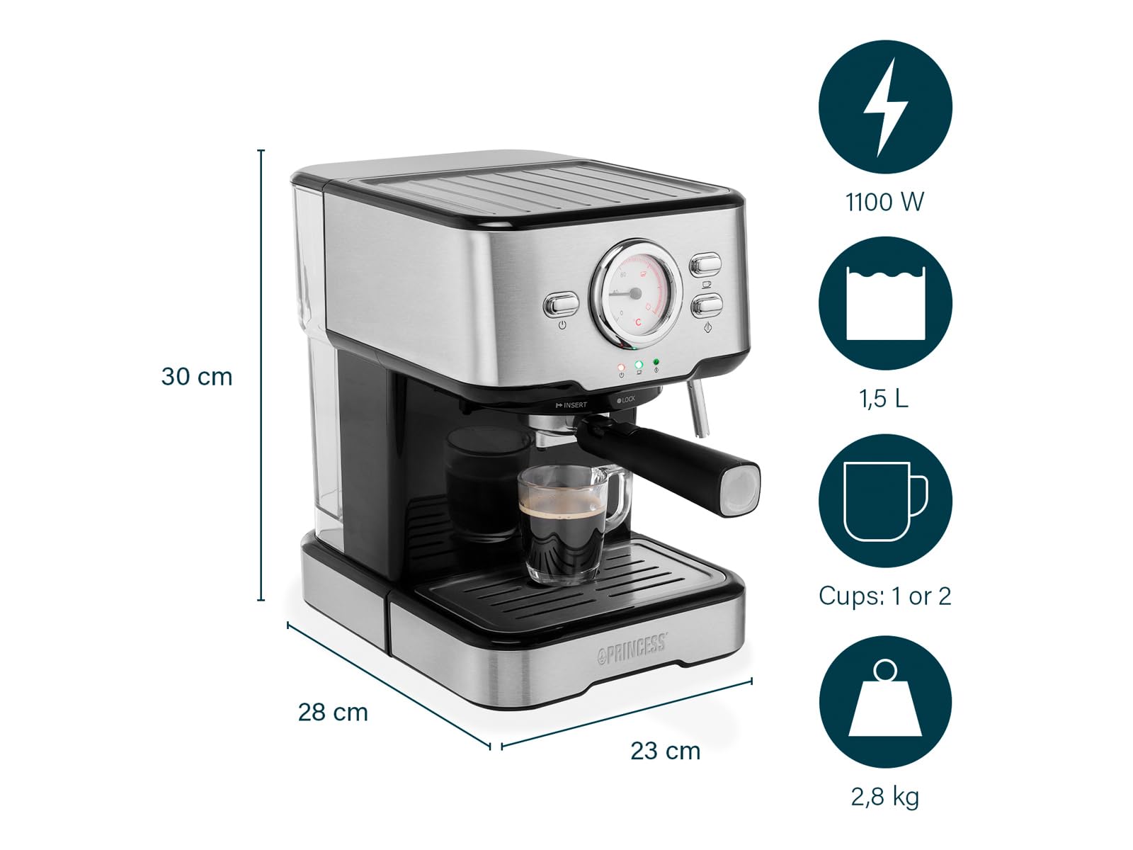 Máquina de café y cápsula con espumador de leche para capuchino, latte y espresso macchiato, 20 bares, color negro con acero inoxidable
