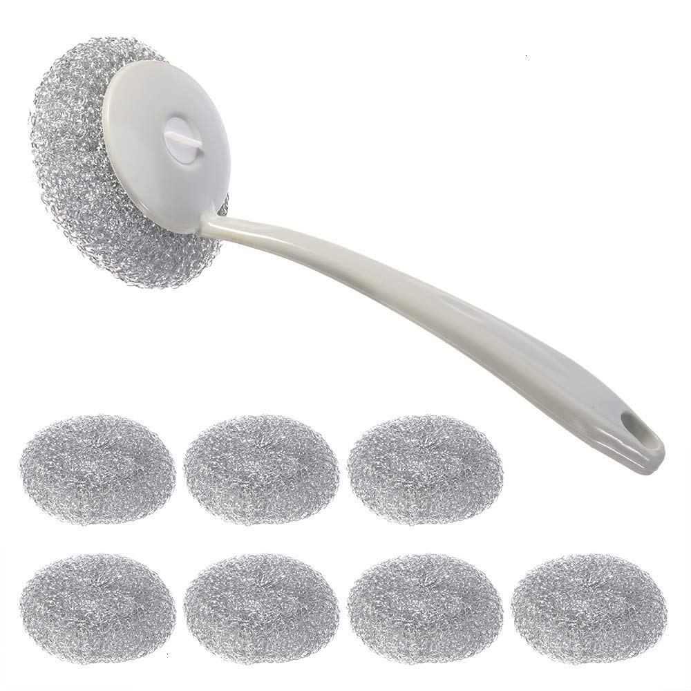 Scouring Pad, 7pcs Stainless Steel Scrubbing Pad With Plastic Handle Cleaning Brush Scouring Pad Scrubber Household Kitchen Pan Dish Washing Cleaning With Handle Random Color
