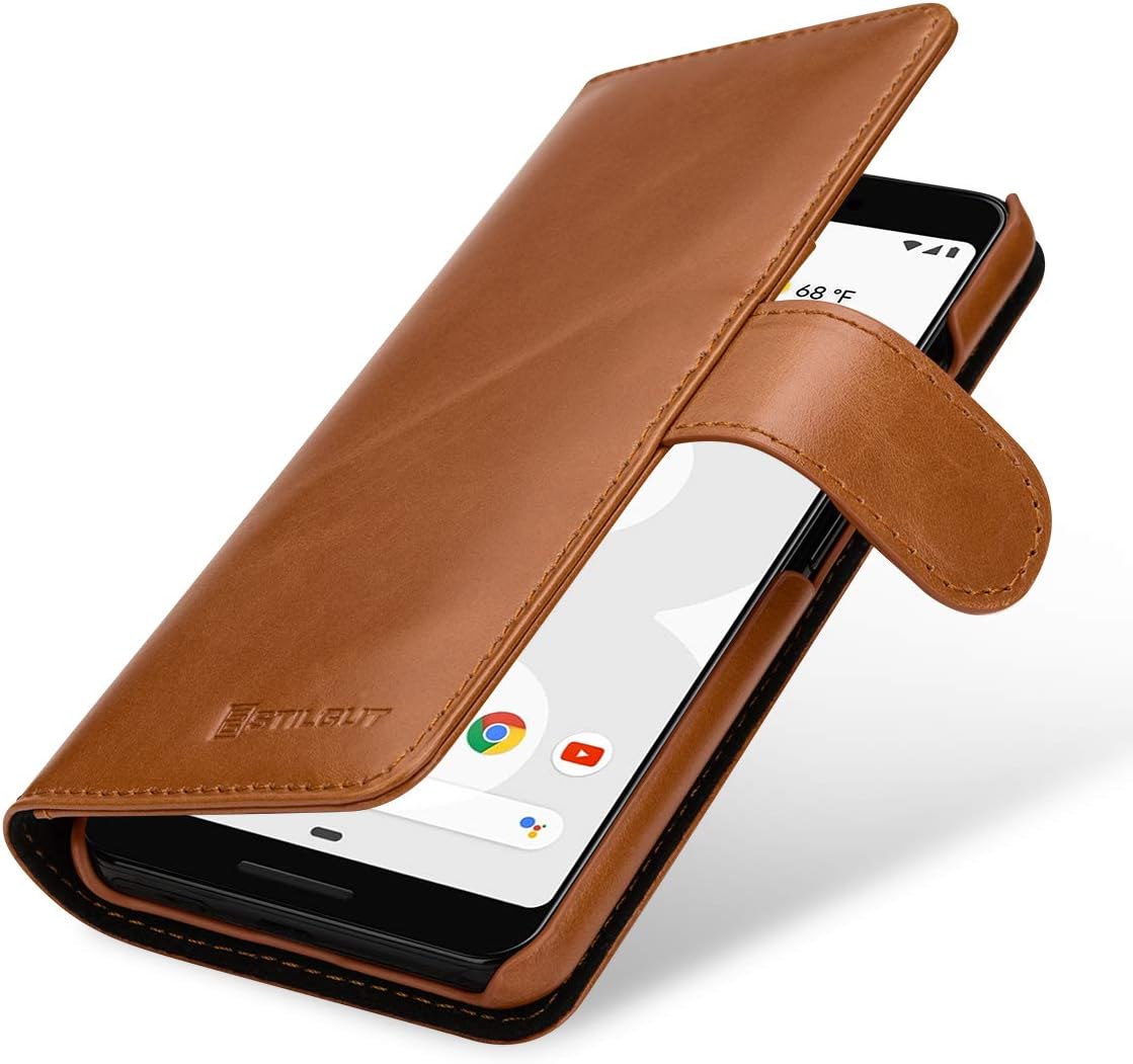 StilGut Wallet Case for Pixel 3, Genuine Leather Google Pixel 3 Case with Card Slots & Magnetic Closure, Cognac Brown