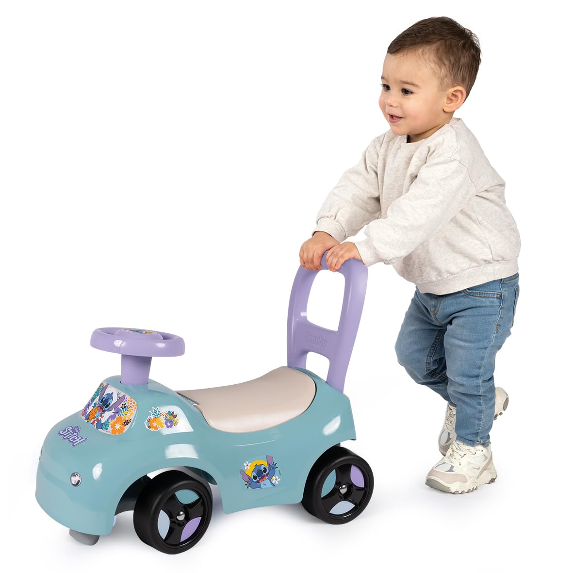 Smoby - Stitch - Auto cavalcabile - Ausilio per camminare - Volante - Vano portaoggetti sottosella - Dai 10 mesi - Prodotto in Francia