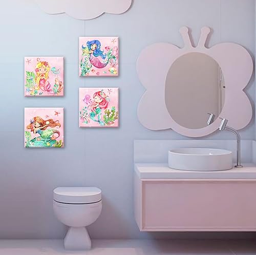 Miniatura 4 de BLINFEIRU Juego de 4 lienzos de sirena para pared, bonitas imágenes de sirena de acuarela rosa para habitación de niñas, baño, decoración de pared