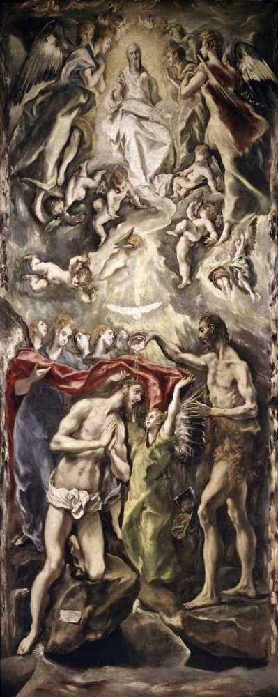 Imagen sobre lienzo enrollado Bautismo de Cristo El Greco - Fantasía vertical Arte impreso ángeles figuras de fantasía religión y espiritualidad C Lienzo bellas artes 37_X_14_in
