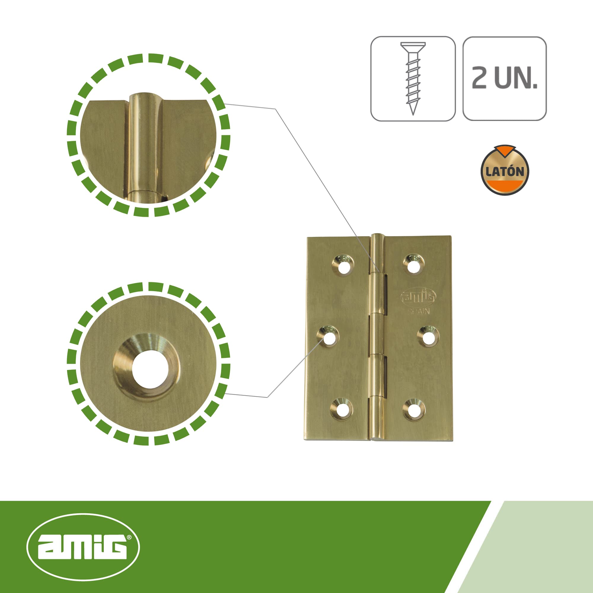 Amig | Packung mit 2 festen Messingscharnieren, matt, 50 x 40 mm, Modell 1002, polierte Oberfläche, quadratisch, laminiertes Profil, einfache Installation und Verwendung, DIY