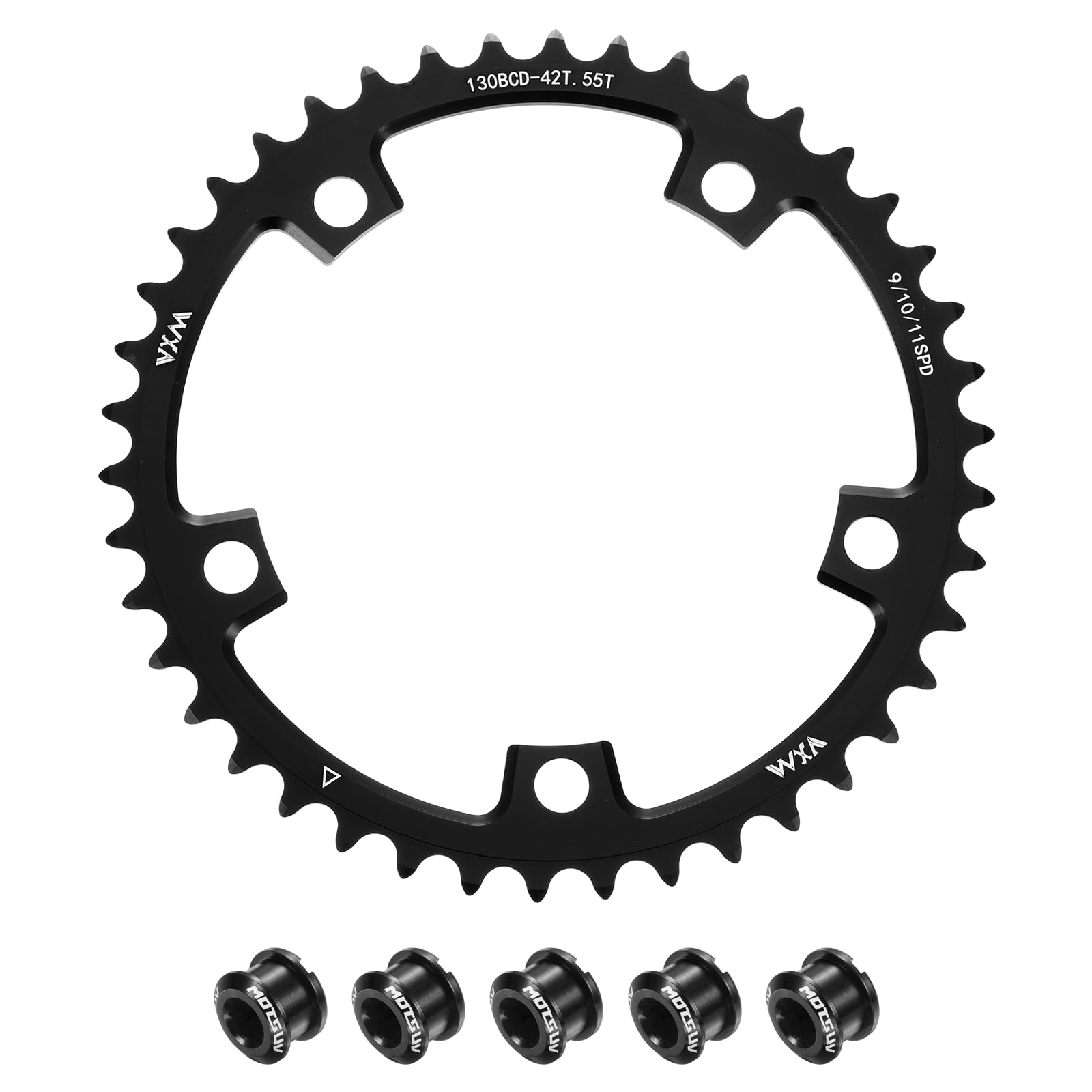 sourcing map 130BCD Bike Chainring Set 42T Round Narrow Wide Single Aluminum Chainring Chainwheel with Double Round 5 Bolts for Road Bike Bicycle 9/10/11 Speed Chains