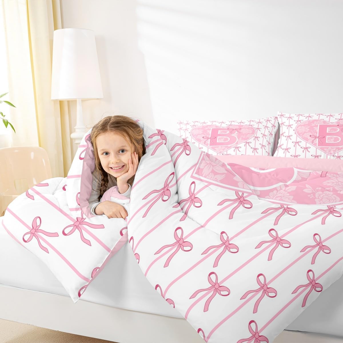 jejeloiu Girls Kawaii Bow Comforter Set Twin Size Letter B Bedding Set for Kids Boys Cute Bowknot Duvet Quilt Coquette Bows Bedroom Decor Monogrammed Microfiber 2 Pcs with 1 Pillow Cases