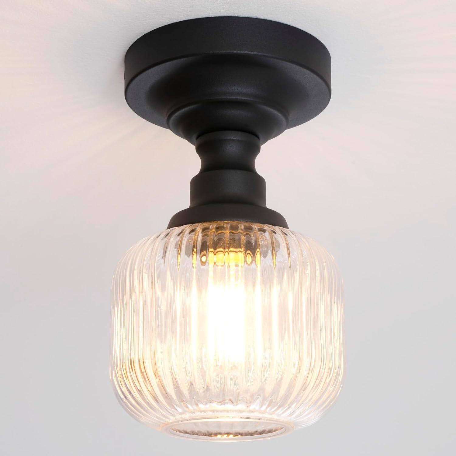 Modern Schoolhouse Semi Flush Mount Ceiling Light with Clear Ribbed Glass Lampshade, Industrial Close to Ceiling Light Fixture for Farmhouse Bedroom Entryway Stairs