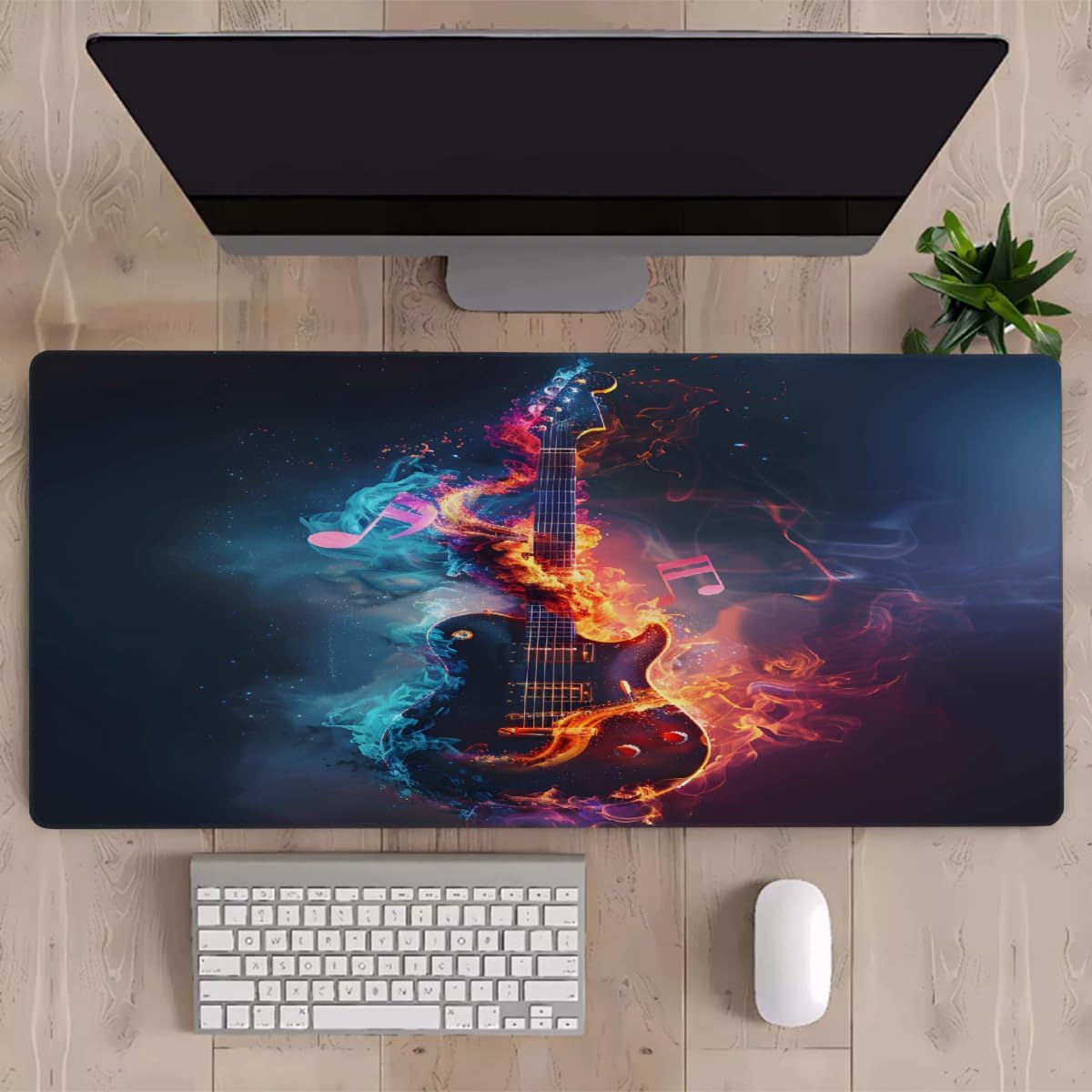 Blue Red Flame Guitar Large Mouse Pad Gaming Mousepad Desk Mat for Desktop Computer Keyboard Waterproof Mouse Mat Desk Pad with Non-Slip Base for Game School Office Home 35.4" x 15.7"