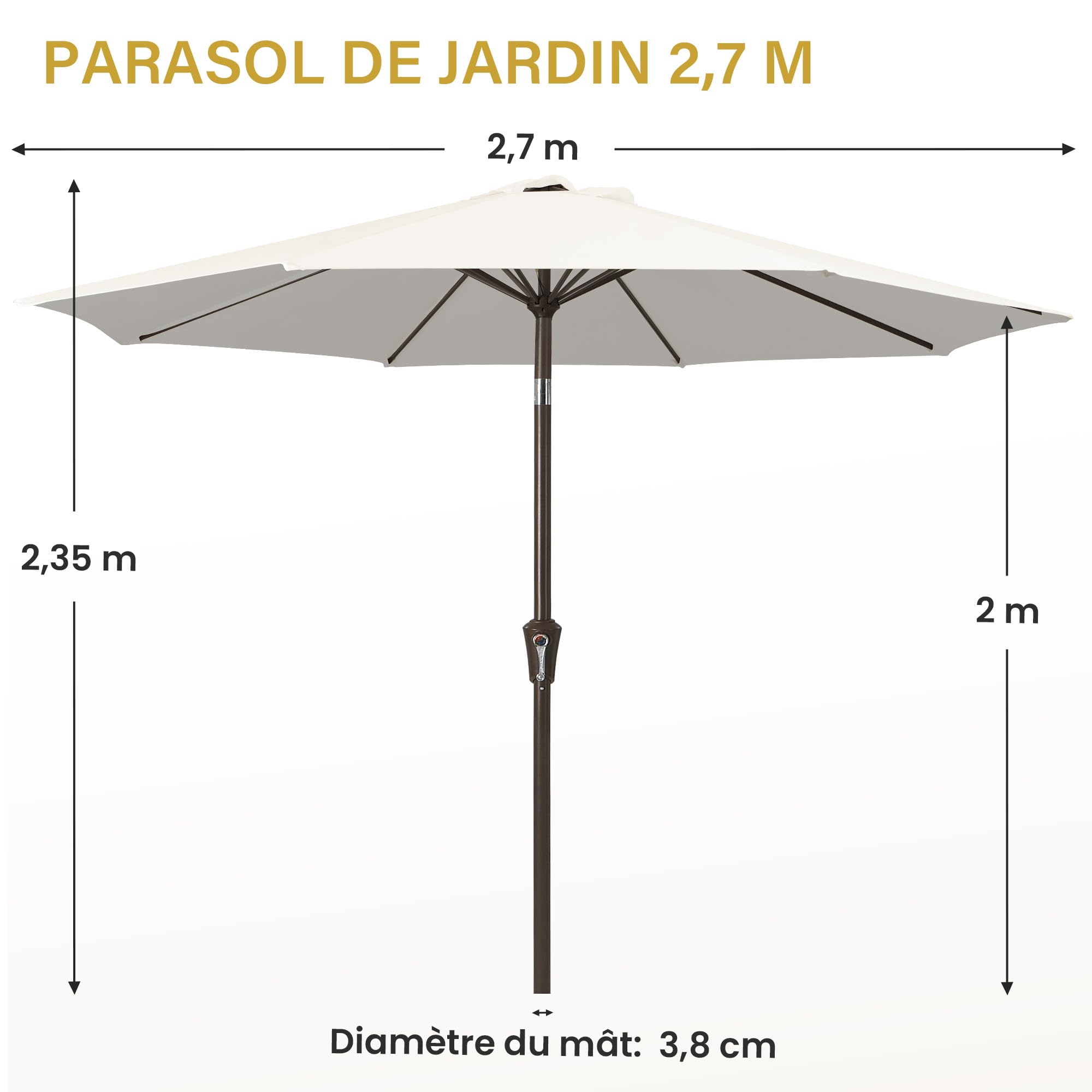 Palawano 2.7M Parasol de Jardin Exterieur Anti UV et Vent, Parasol Terrasse Balcon avec Manivelle pour Café, Jardin, Piscine et Arrière-Cour (Blanc Crème)