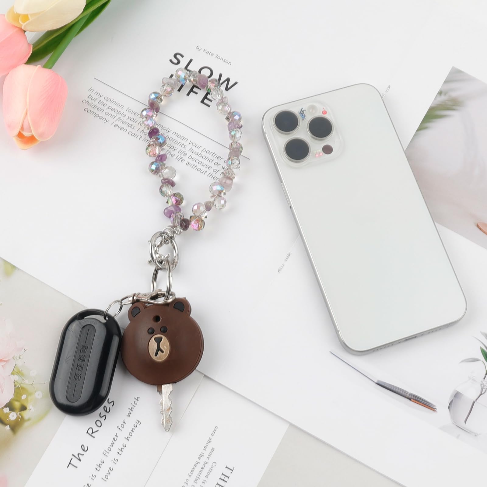 CHENGCKJ 2 sztuki łańcuszków na telefon komórkowy, krótkie, na nadgarstek, wisiorki, koraliki, biżuteria do telefonu komórkowego, pasek na rękę, do smartfona, torebki, kluczy,