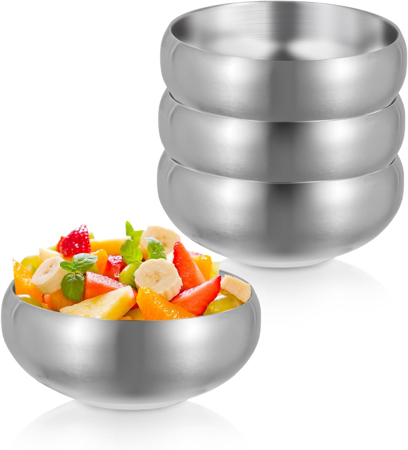 4 Pieces 4.1 x 1.9 In/10.5 x 5 Cm Silver Small Stainless Steel Bowl, 10.1 Oz/300 ML Double Walled Insulated Metal Cereal Soup Bowls for Ice Cream Snack Dessert Salad Kitchen Eating Serving
