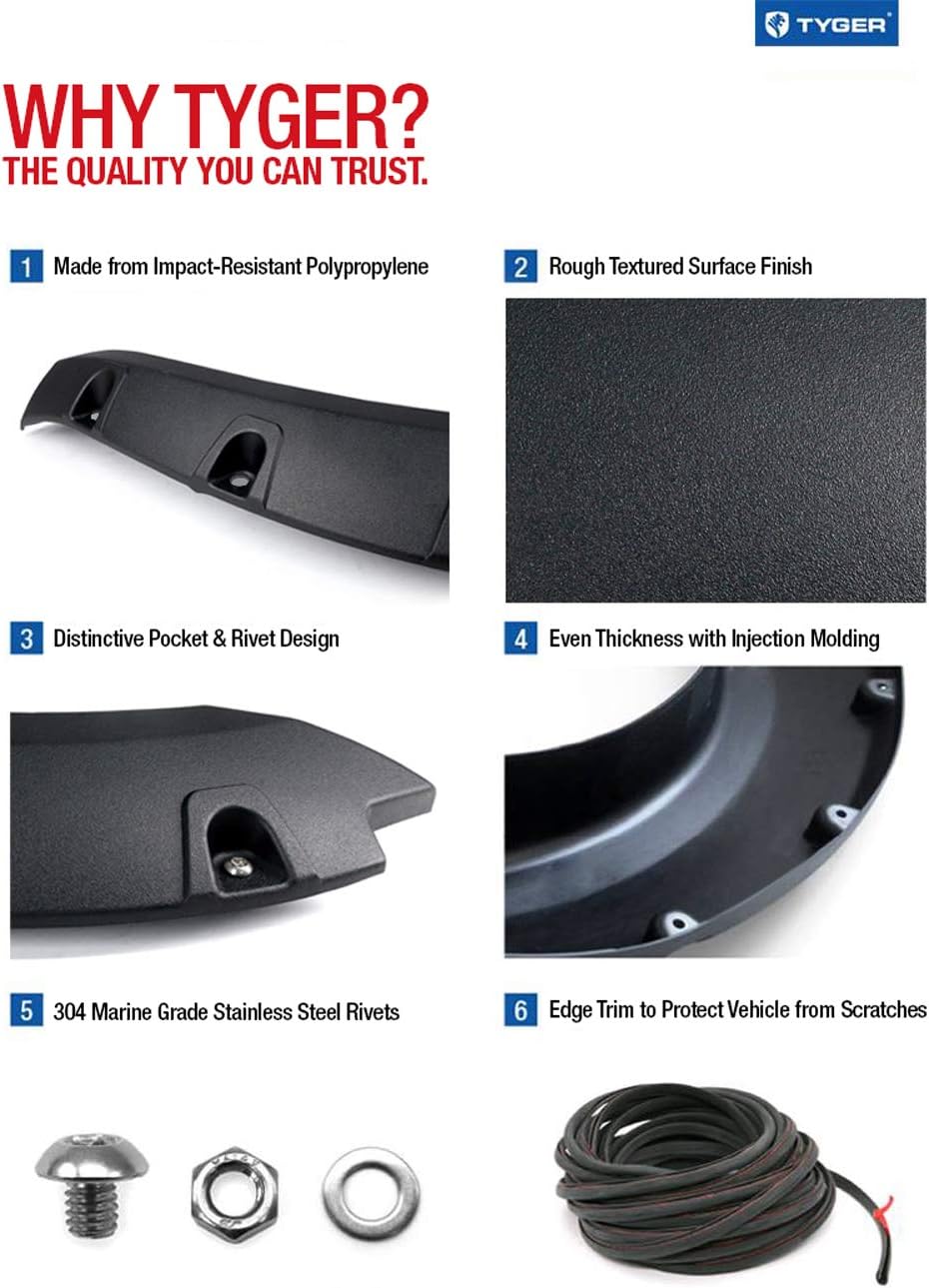 Tyger Auto TG-FF8D4137 for 2010-2018 Dodge Ram 2500 3500 (ONLY Fit Fleetside Models with 76.3" & 98.3" Bed) | Rugged Textured Black Pocket Bolt-Riveted Style Fender Flare Set, 4 Piece