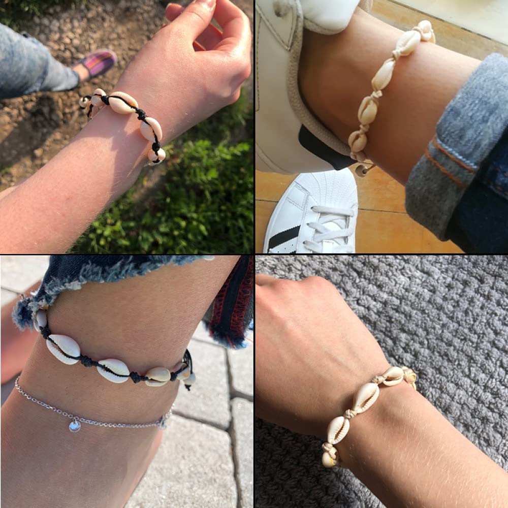 calcetín Pulseras de decoración de moda Pulseras de amistad trenzadas, pulsera de amistad de concha marina beige hecha a mano bohemia Pulsera de tobillo de cuerda negra ajustable Pulseras de joyería d