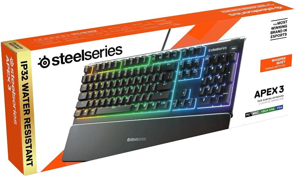SteelSeries Apex 3 Whisper Quiet IP32 Water & Dust-Resistant Gaming Keyboard - Prism 10-Zone RGB Illumination - Premium Magnetic Wrist Rest