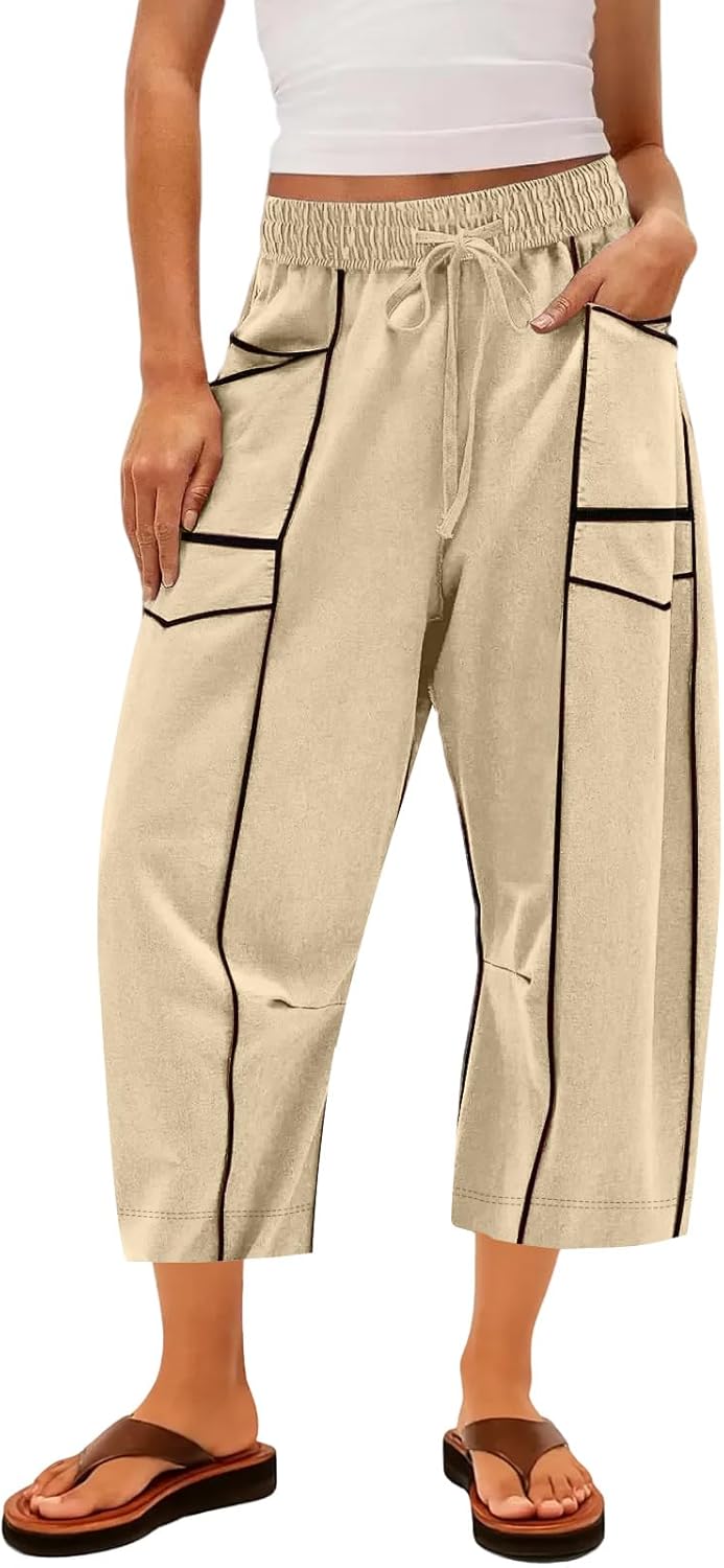 hamovessi Capri Sweats for Women Summer Casual Drawstring Waist Barrel Sweatpants Baggy Contrast Patchwork Pants with Pockets