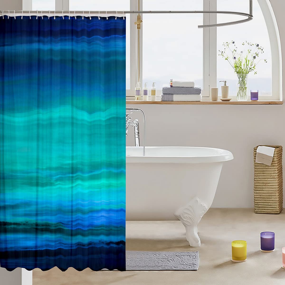 Loussiesd Blue Bathroom Fabric Deep Blue Ocean Shower Curtain Minimalist Lines for Kids Modern Waterproof Curtains Stalls Bathtubs 59x71 Inch - Image 3