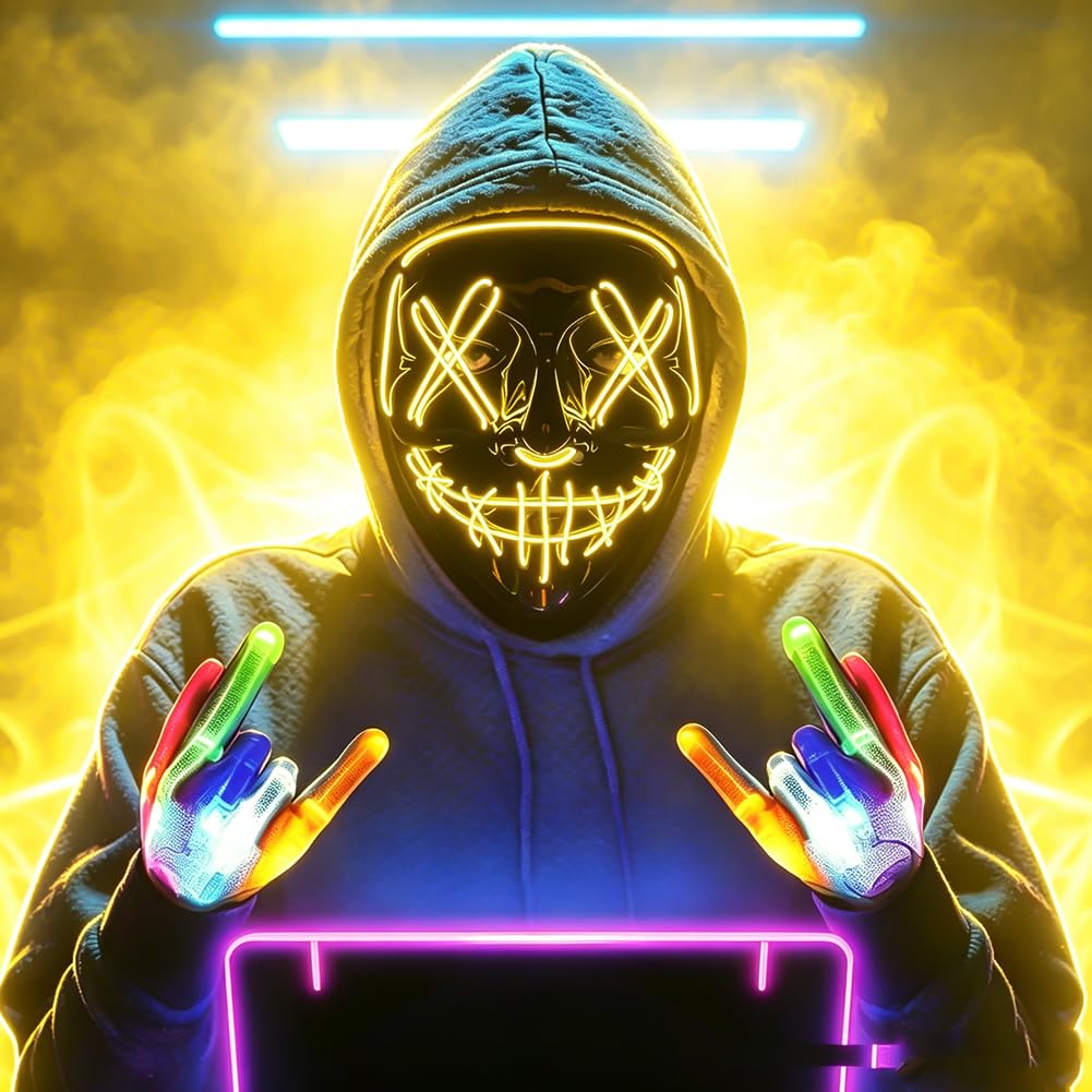 HATFRYF Halloween Masks LED Mask & Gloves in Multiple Light Modes, Light up Scary Mask Gloves, Glowing Horror Smile Masks, Costumes for Men Adults, Anonymous Neon Halloween Gifts - yellow — image 1
