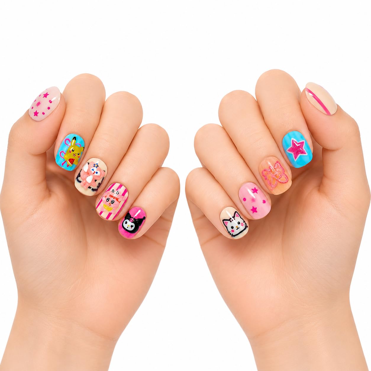 Kids Press On Nails 3D Cartoon Design | 12 Reusable Fake Nails with Adhesive Tabs | Handmade Nail Art for Girls |Easy Stick On Nails | Party & Festival Wear