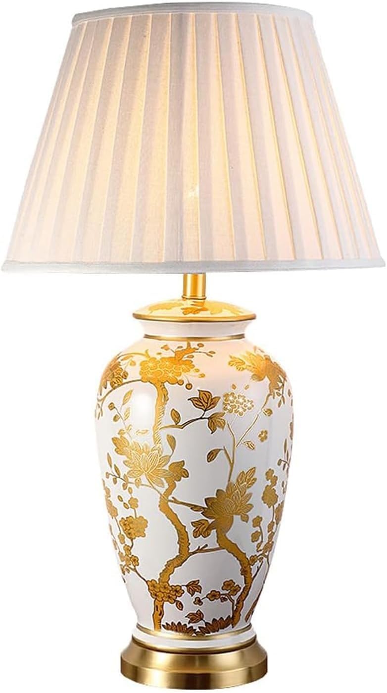 Bedside Table Lamps Ceramic Lamp Hand Painted with Fabric Shade Nightstand
