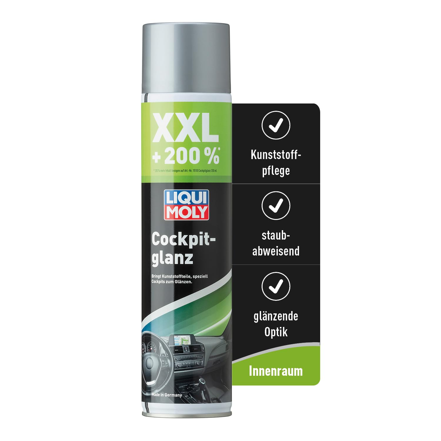LIQUI MOLY Cockpitspray Cockpitglanz XXL, Art.-Nr. 1610 I 600 ml Auto Innenraum-Pflege für strahlenden Hochglanz I Regenerierendes, antistatisches Glanz-Spray I Dashboard-Pflege für Kunststoffteile