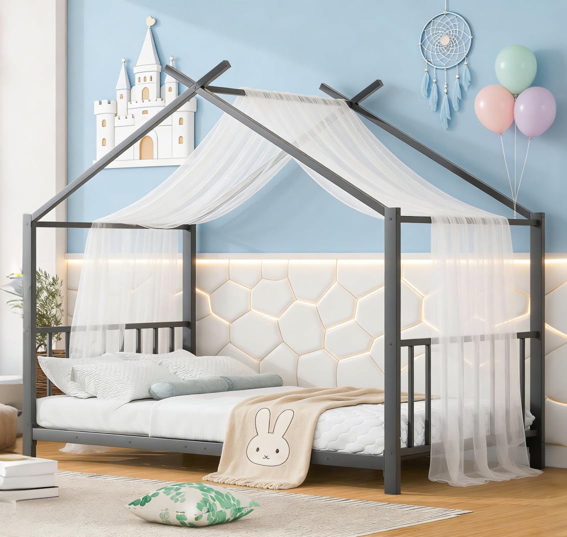 Bellemave Twin Size Tent Floor BedFrame for Kids, Metal Montessori Beds with slats, Twin House Bed for Kids Girls Boys, Wash Black