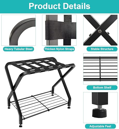 Miniatura 2 de Portaequipajes plegable con estante de almacenamiento de 2 niveles, organizador de equipaje plegable con marco de acero para maleta, soporte de