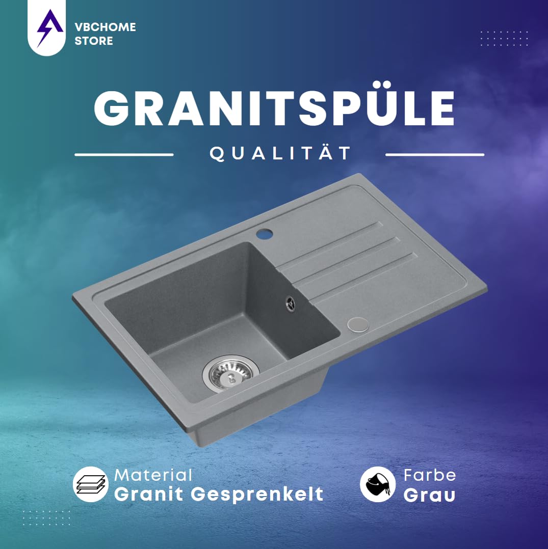 VBChome Fregadero de granito gris con grifería, 70 x 44 cm, fregadero individual, empotrable, moteado, reversible, de granito, sifón, grifo, acero inoxidable, caño extensible