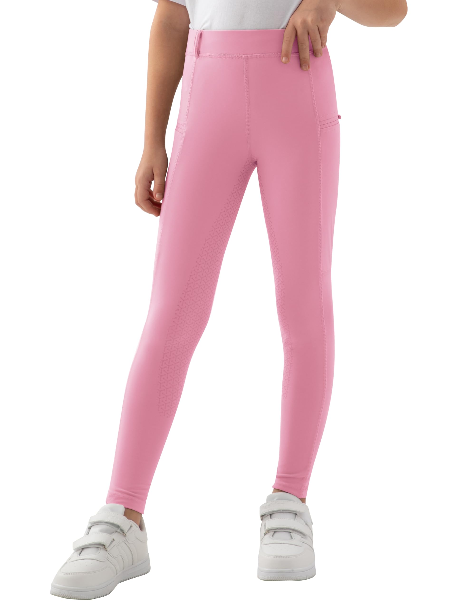 MoFiz Girls Horse Riding Pants Summer with Zipper Pockets High Waist Kids Stretchy Equestrian Breeches Youth Schooling Tights Pink Large