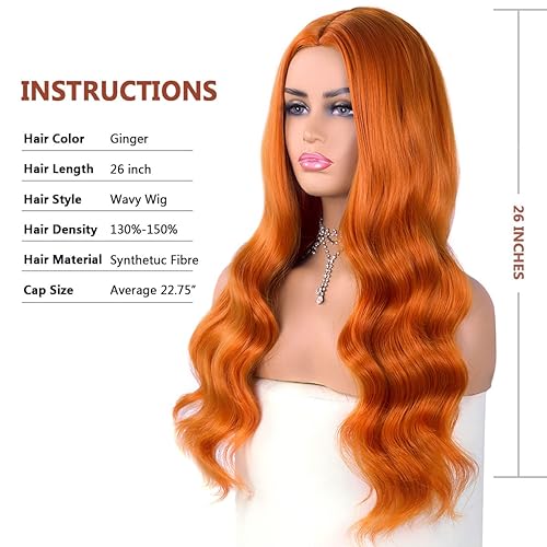 Miniatura 3 de Pelucas largas de colores para mujer, peluca ondulada con raya en medio, peluca sintética para cosplay, pelucas de fiesta (jengibre)