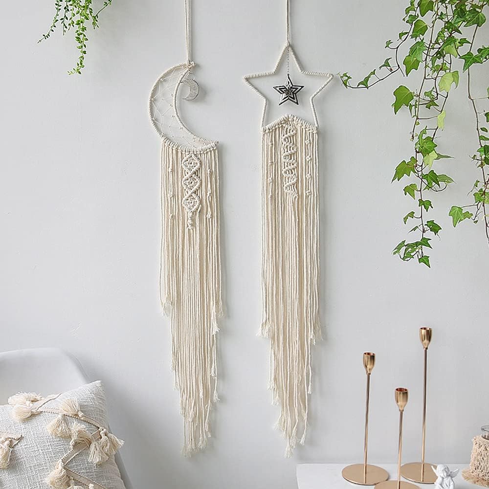 WUMEIJIAJU 2 PCS Macrame Wall Hanging Bohemian Moon Dream Catchers, Handmade Wall Tapestry Girl Boho Dreamcatcher with Tassels Home Decor for Bedroom Wedding Party Ornaments Craft Gifts (moon+star)