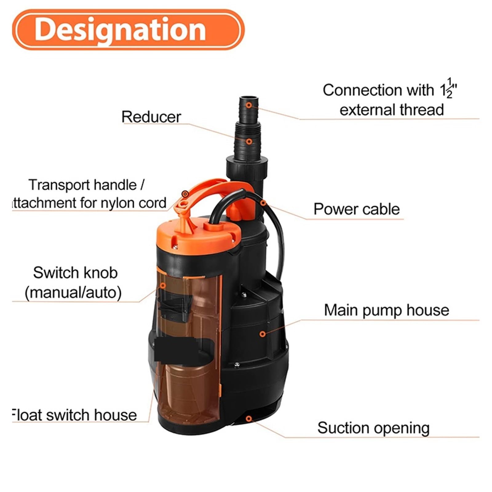 Bomba de sumidero sumergible de 1 H P y 3700 GPH for agua limpia y sucia con interruptor de flotador automático for piscinas, estanques y jardines.,Resistente a la Corrosión