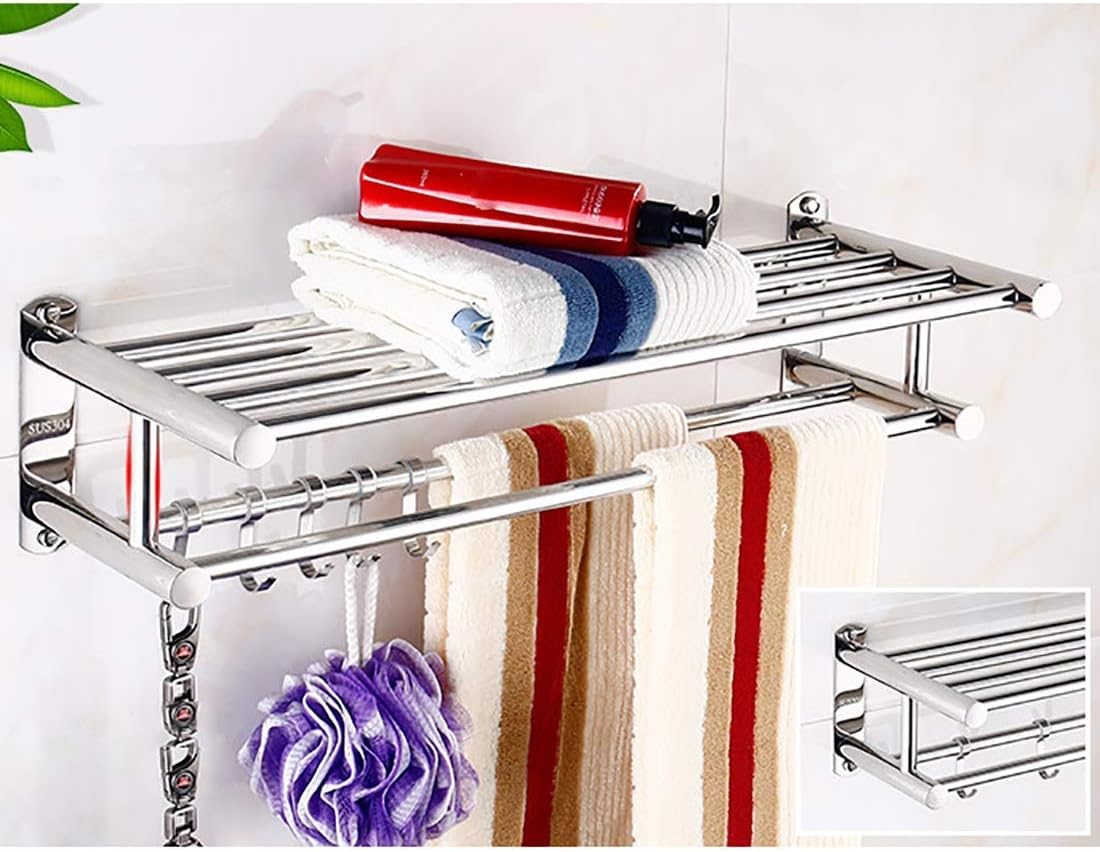 WUTONG Silver Stainless Steel Wall-Mounted Multi-Function Hotel Bathroom Towel Rack Collapsible Glove with Multiple Hooks and Towel Bars, Metal Pendant Shower Shelf (Color : A, Size : 60CM)
