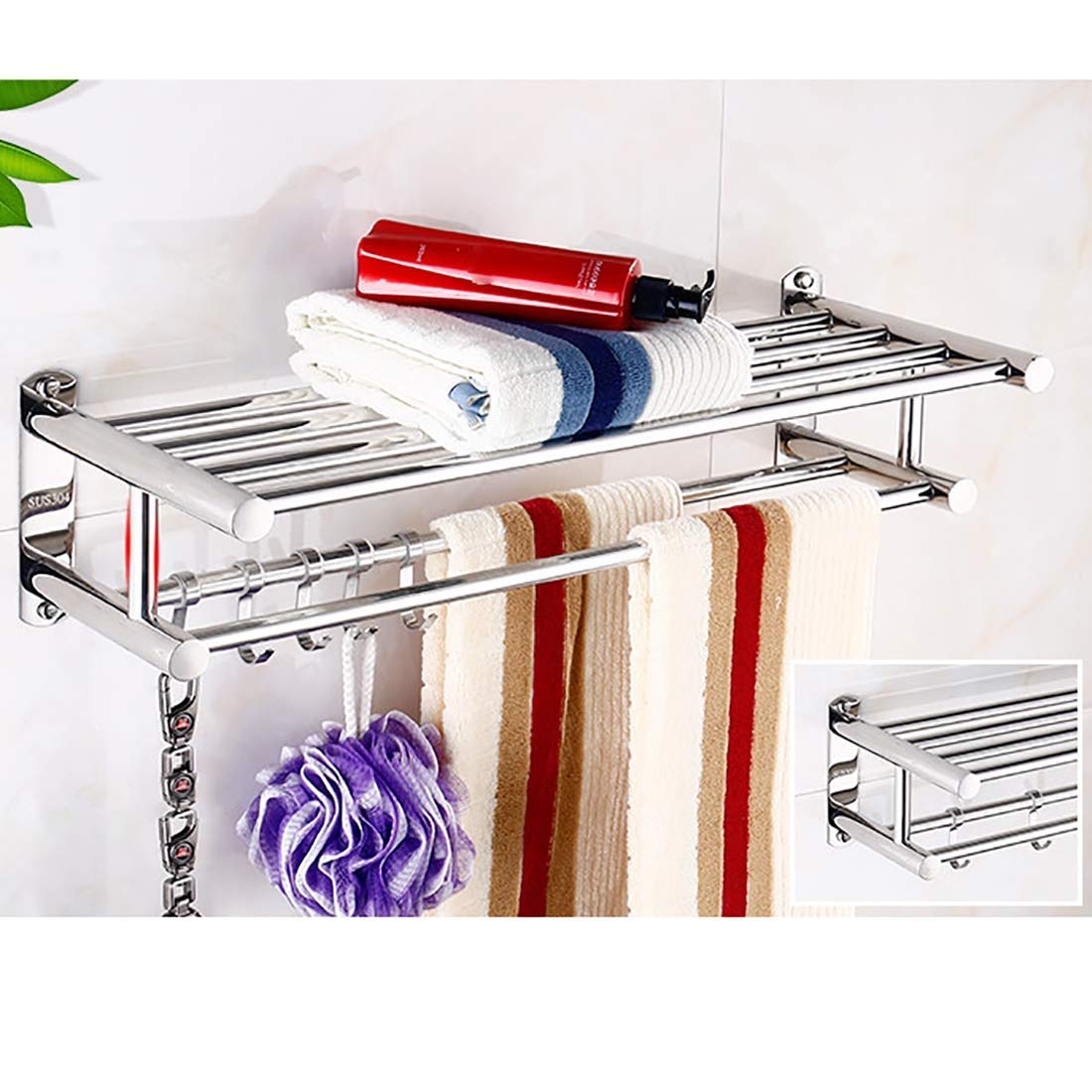 WUTONG Silver Stainless Steel Wall-Mounted Multi-Function Hotel Bathroom Towel Rack Collapsible Glove with Multiple Hooks and Towel Bars, Metal Pendant Shower Shelf (Color : A, Size : 60CM)