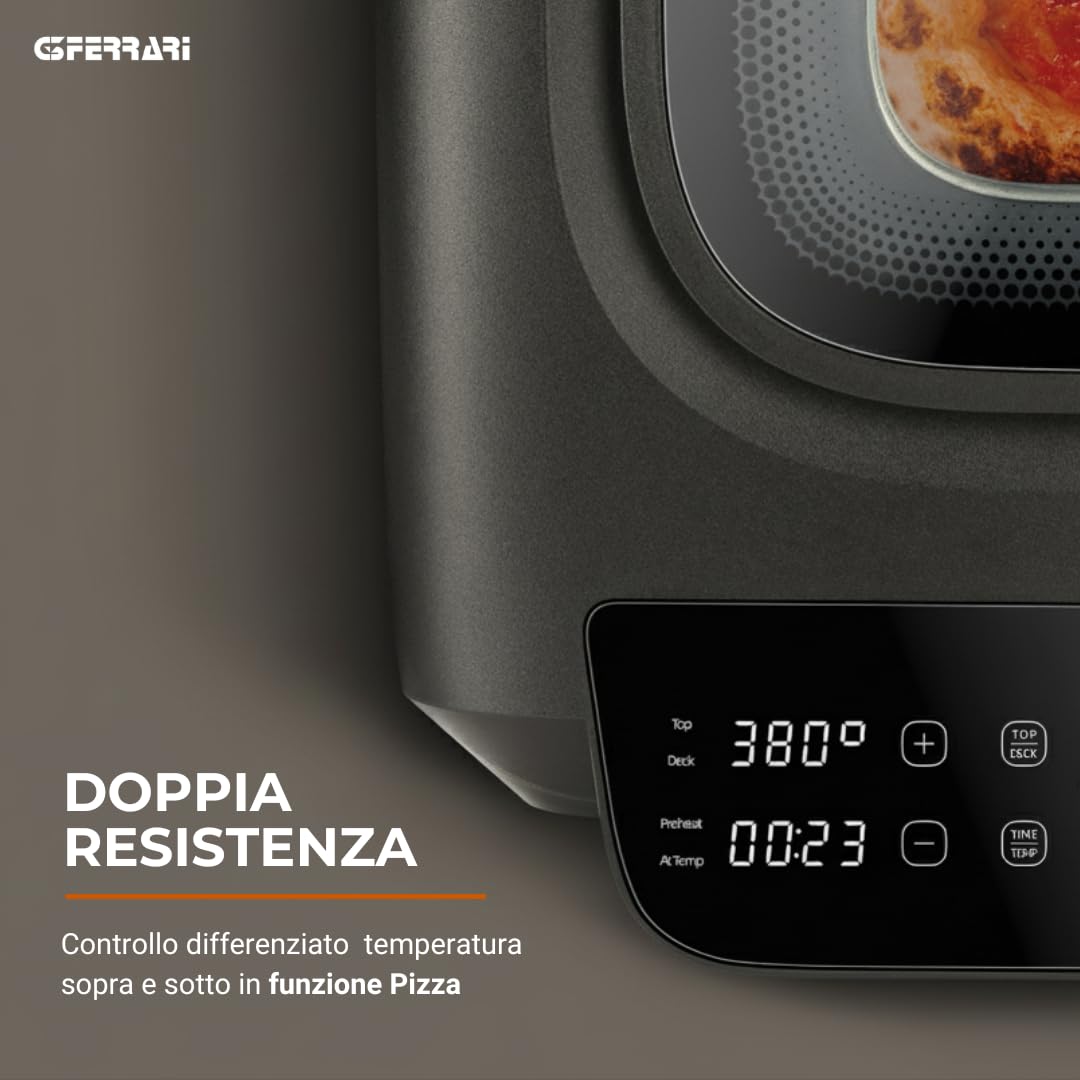 G3 Ferrari G10225 Krispy Forno Pizza e Friggitrice ad Aria, Multifunzione, 2100W, 13 Litri, Tecnologia HOBLO, Display Soft-Touch con 18 programmi, Fino a 380°C, Acccessori inclusi, Nero