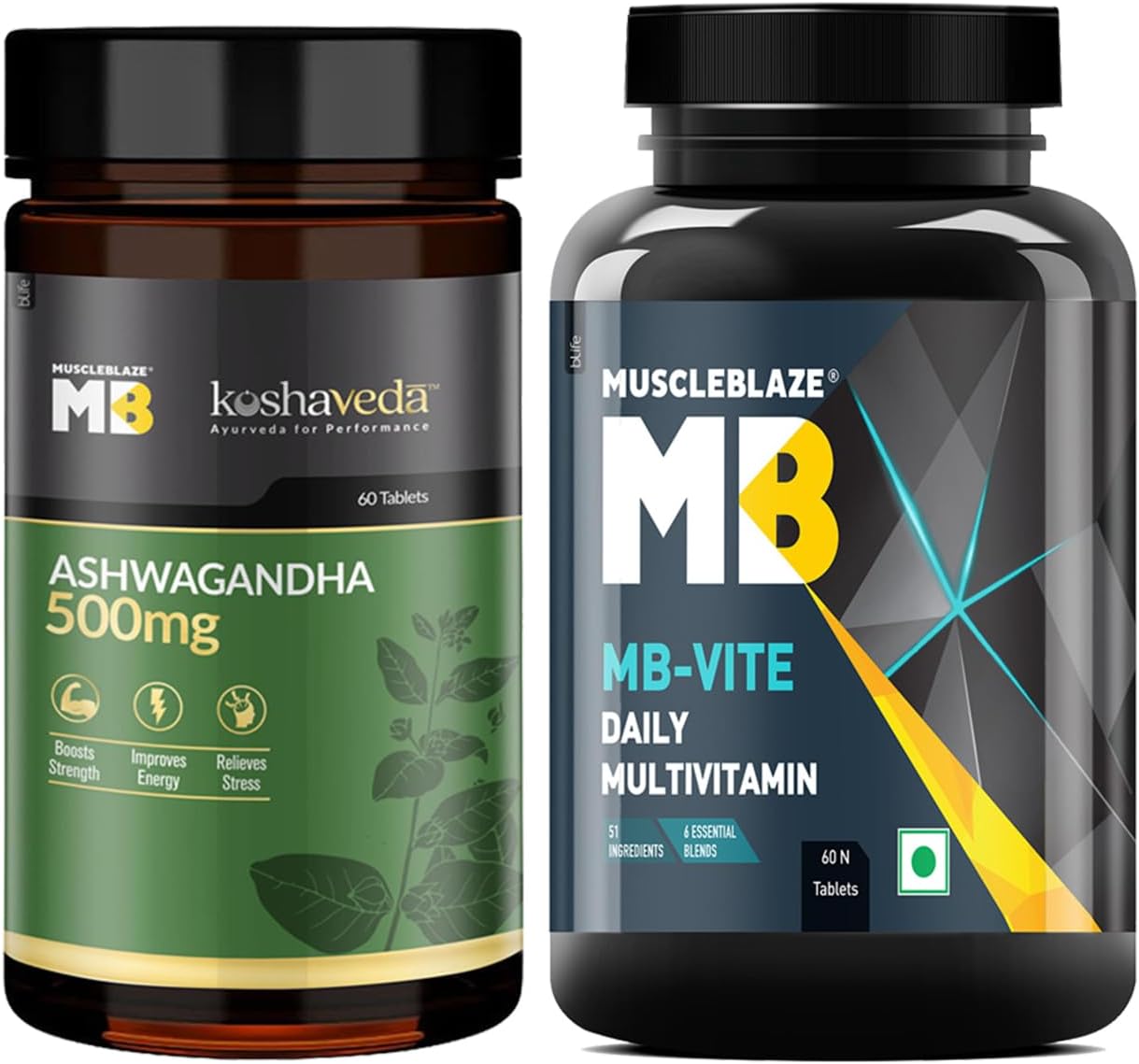 Koshaveda Ashwagandha 500mg, Ayurveda for Performance, Ayush Approved, 60 Tablets & MB-Vite Daily Multivitamin with 51 Ingredients & 6 Blends for Energy & Recovery, 60 Tablets (Combo Pack)