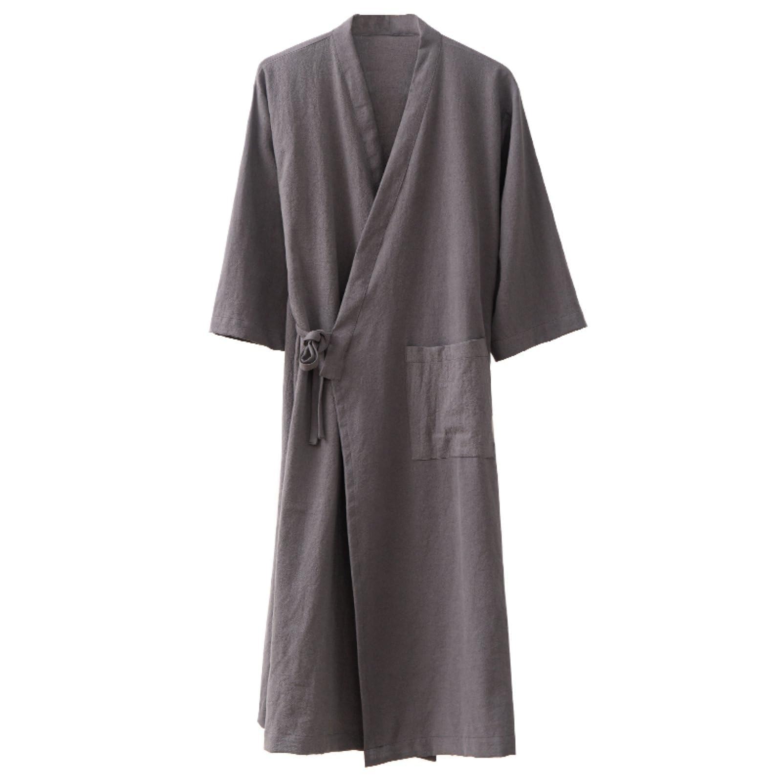 Cretuao Unisex 1 Gray Cotton Linen Blend Dressing Gowns Ladies Lightweight Nightwear, Mens Summer Kimono Bathrobe, Womens Soft Towelling Robes Housecoat,,Xl